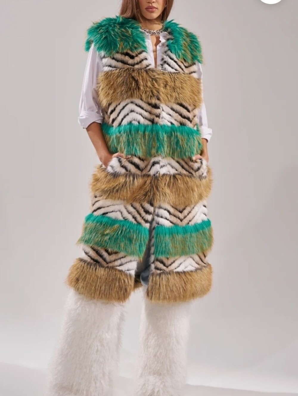 Faux Fur Long Vest in Turquoise & Tan